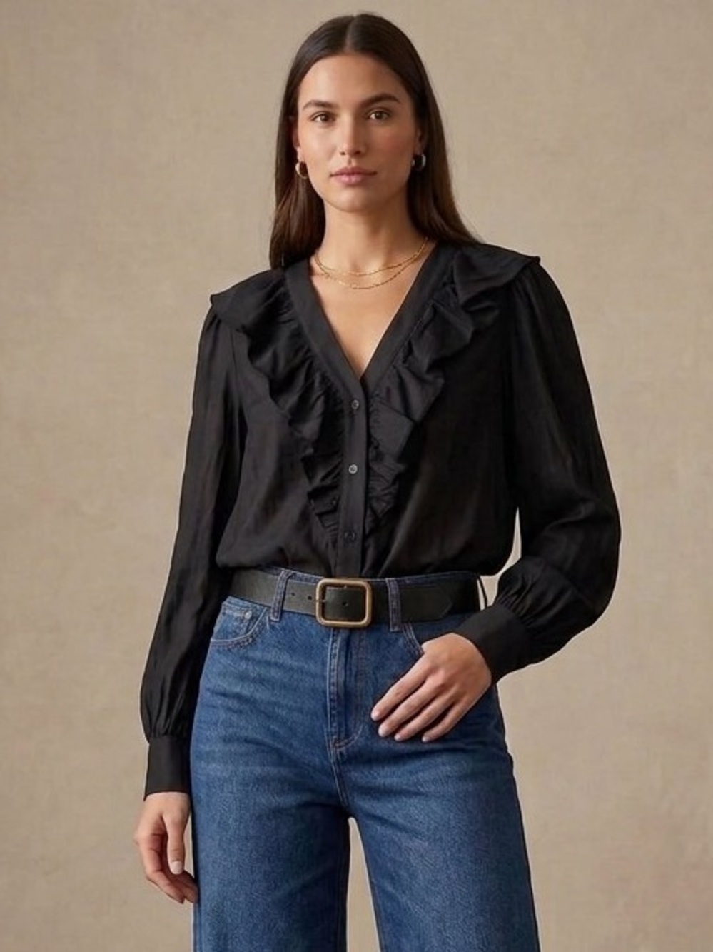 Ruffle-Trim Button-Up Blouse Top in Black by INC International Concepts β’ NWT - Picture 2 of 9